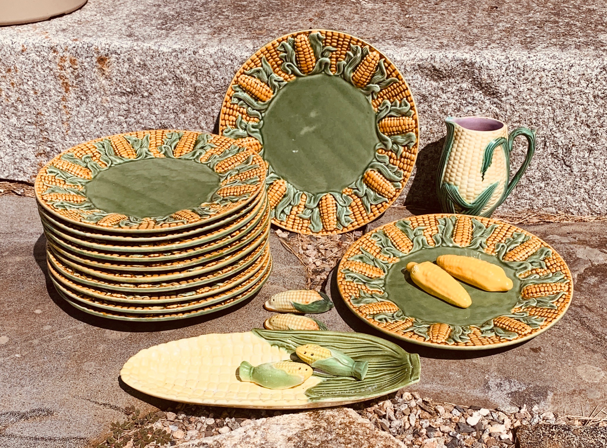 Corn Themed Dishes, Glass Pitcher and Hand Sewn Iris Quilt